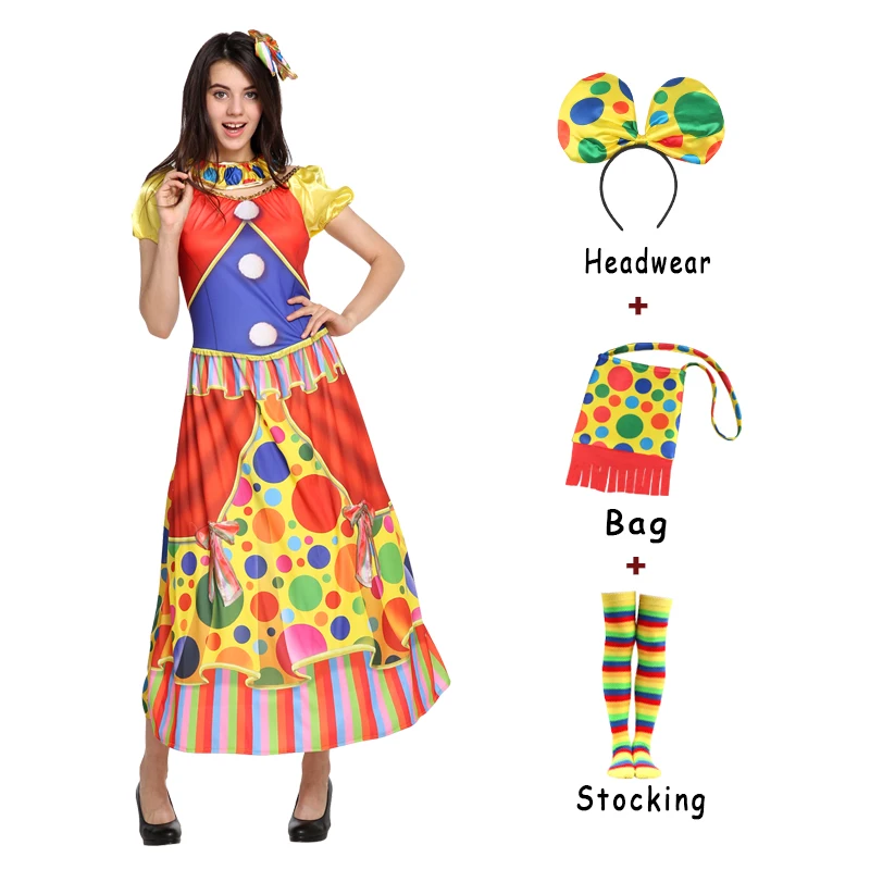 

Circus Clown Costumes With Headwear Bag Women Colorful Fancy Dress Cosplay Purim Role Playing Ladies Clothing