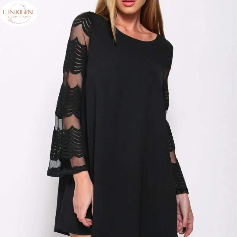 

Женская Шифоновая туника с открытыми плечами, свободное платье-футболка с длинным рукавом и круглым вырезом, мини-платья, весна-лето