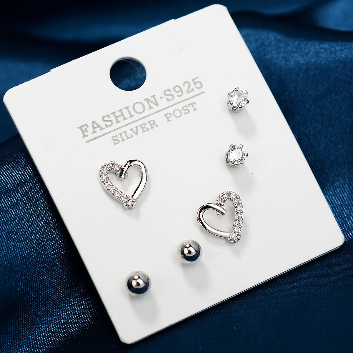 New Ladies Fashion High Quality Crystal Zircon Hollow Heart Silver Plate Stud Earrings Set Women Girl