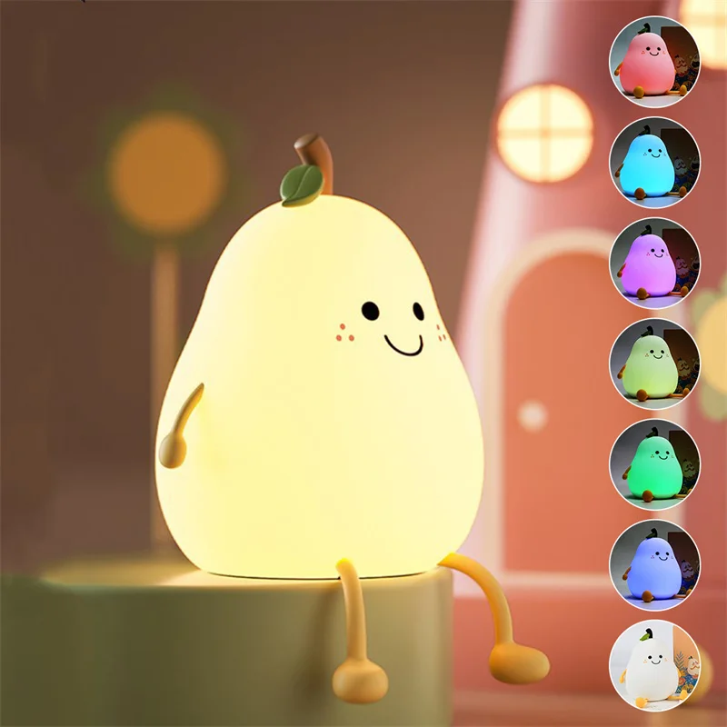 

LED Pear Fruit Night Light USB Rechargeable Dimming Touch Silicone Table Lamp Bedroom Bedside Decoration Couple Gift Boby Light