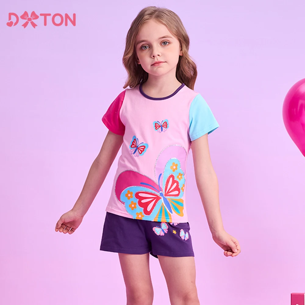 DXTON 2 stücke Anzug Sommer Mädchen Set Patchwork Bluse Kurzarm Tops + Shorts Hosen Schmetterlinge Kleinkind Schule Tragen Kleidung sets
