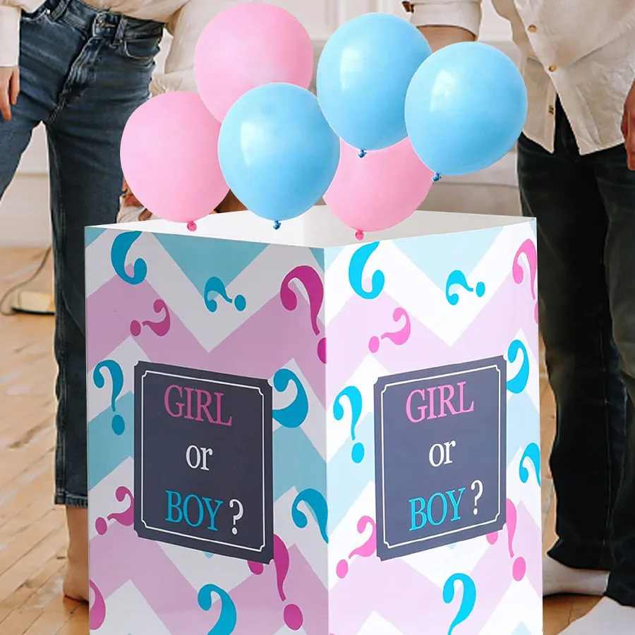 7pcs gender reveal box paired with 3 pink balloons and 3 blue balloons for a surprise party