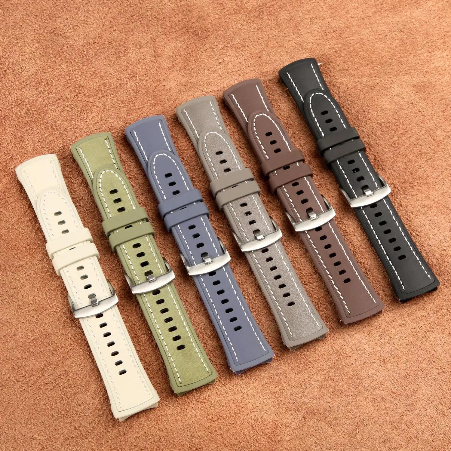 Breathable Silicone and Leather Veneer Composite Watch Strap with Pin Buckle