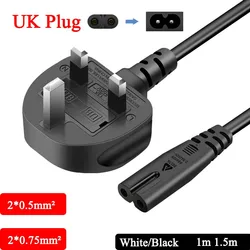 Premium UK Plug Power Cable - Dual Prong Connector, Copper Wire, White/Black, 1m/1.5m Length - White 1m (UK Plug 2x0.75mm2)