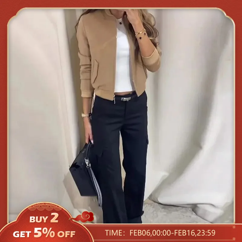 Conjunto de dos piezas para mujer, Chaqueta corta con cremallera, pantalones sueltos con cinturón, ropa de calle, moda de otoño