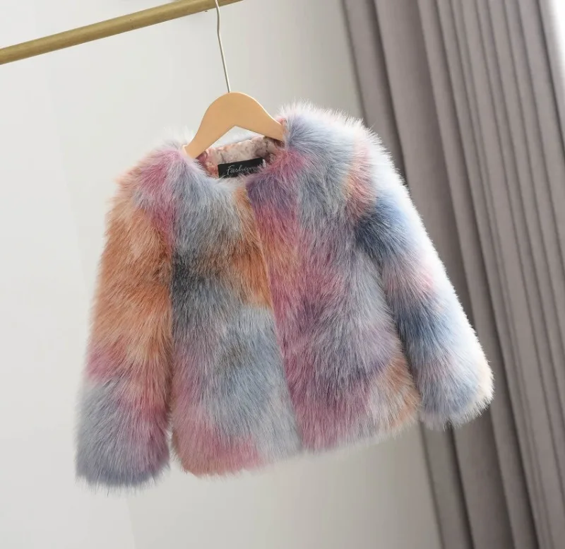 Winter Patchwork Fur Coat for Girls Short Round Neck - Uniqwear