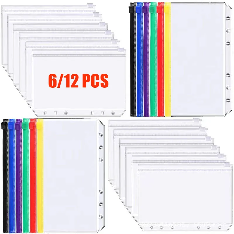 노트북 바인더용 지퍼 폴더, 방수 PVC 잎 파우치, 서류 정리 가방, 6 링 바인더 포켓, A6 바인더, 6 개, 12 개