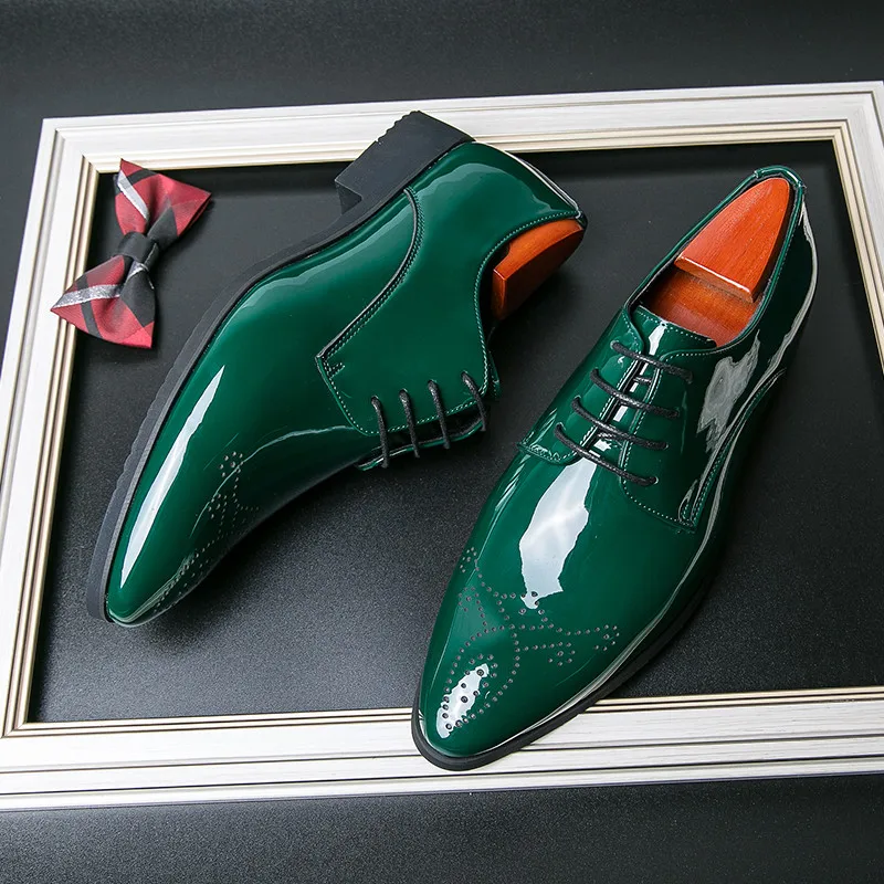 

Classic Business Men Green Dress Shoes Bright Pointed Men Brogues Shoes Low Lace-up Italian Leather Shoes For Man Plus Size 48