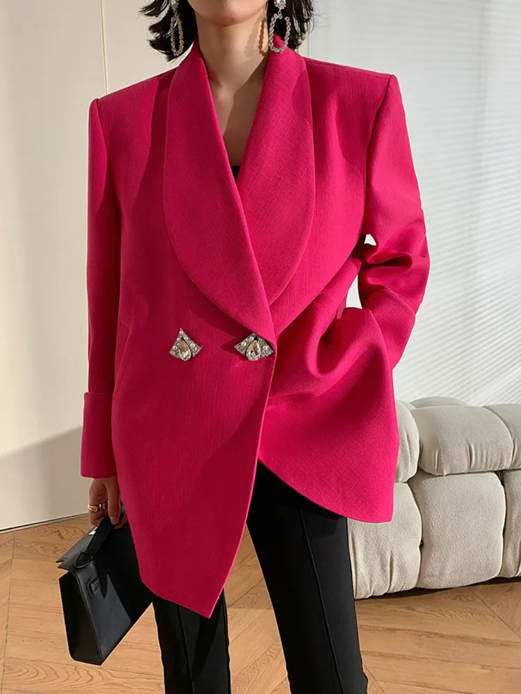 [LANMREM] High End Office Lady Blazers For Women Diamond Button Design Loose Temperament Jackets Fashion 2024 Spring New 26D8702