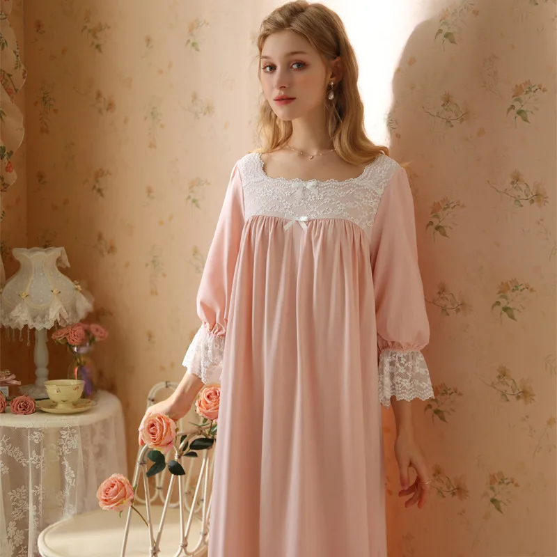 

French Court-style Three Quarter Sleeve Night Dress Women's High-end Plus Size Loose Vintage Nightgowns Square Collar Sleepwear