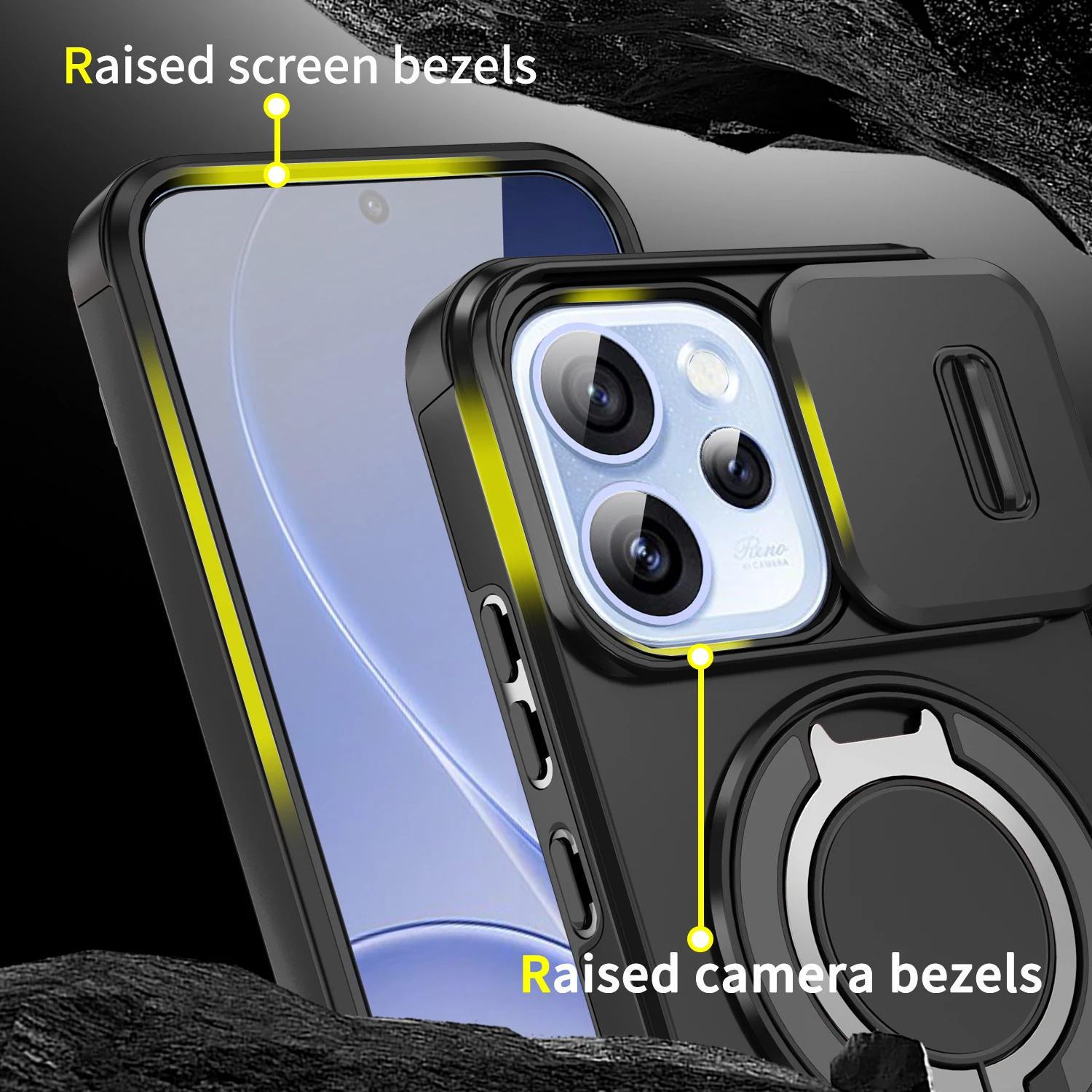 Magnetic Ring Stand Phone Case with Slide Camera Lens Protection and Durable TPU Frame