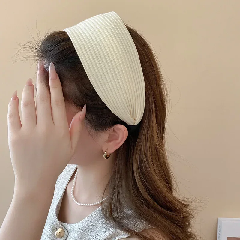 Neue Vintage Stricken Tuch Stirnbänder für Frauen Einfarbig Breiten Streifen Haarband Hohe Schädel Top Rutschfeste Elegante Haar Zubehör – Detail 24