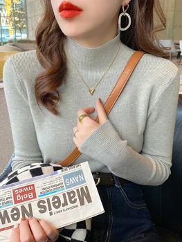 2025 Autumn Women Pullover Sweater Fashion Half Turtleneck Knitted Female Jumper Long Sleeve Winter Black Soft Elastic Blouse