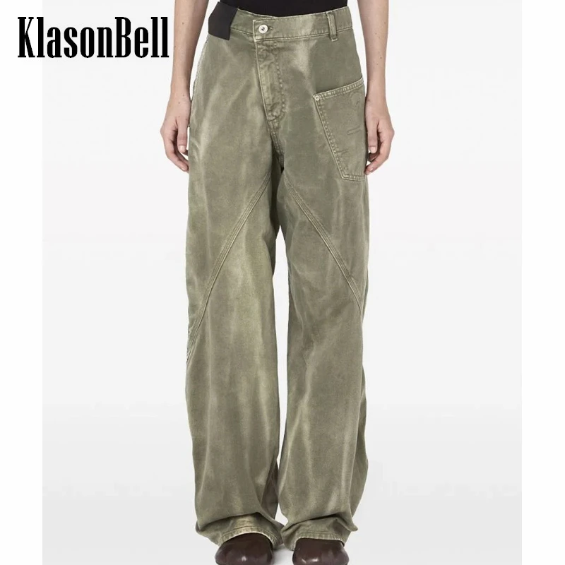 

1.4 KlasonBell Vintage Washed Distressed High Waist Denim Pants Skew Zipper Fly Loose Straight Jeans Women