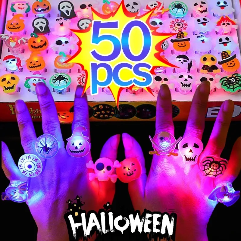 Finger Ring 10/50Pcs Halloween Luminous Rings Creative Pumpkin Ghost Skull LED for Children Toys Lights Jewelry Party Gifts