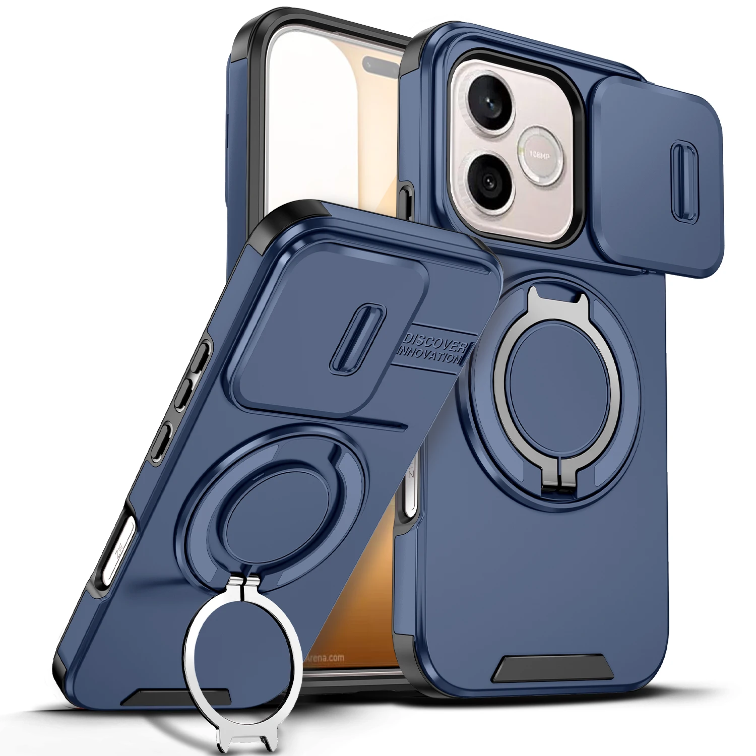 Magnetic Ring Stand Shockproof Phone Case with Slide Camera Lens Protection