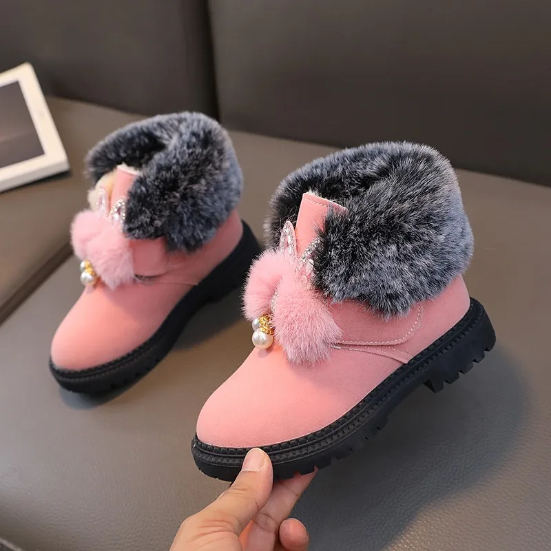 Fashion Kids Warm Ankle Boots Princess Winter Luxury Rhinestone Girls Thermal Boots Furry Hairy Soft Children Plush Cotton Boots