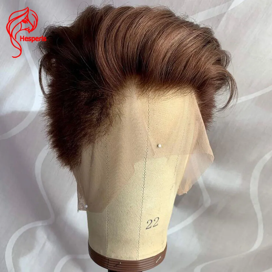 Hesperis Men's Wigs Short Sideburns Cut Straight Human Hair Full Lace Wig for Men Short Pixie Cut Human Hair with Bang for Men