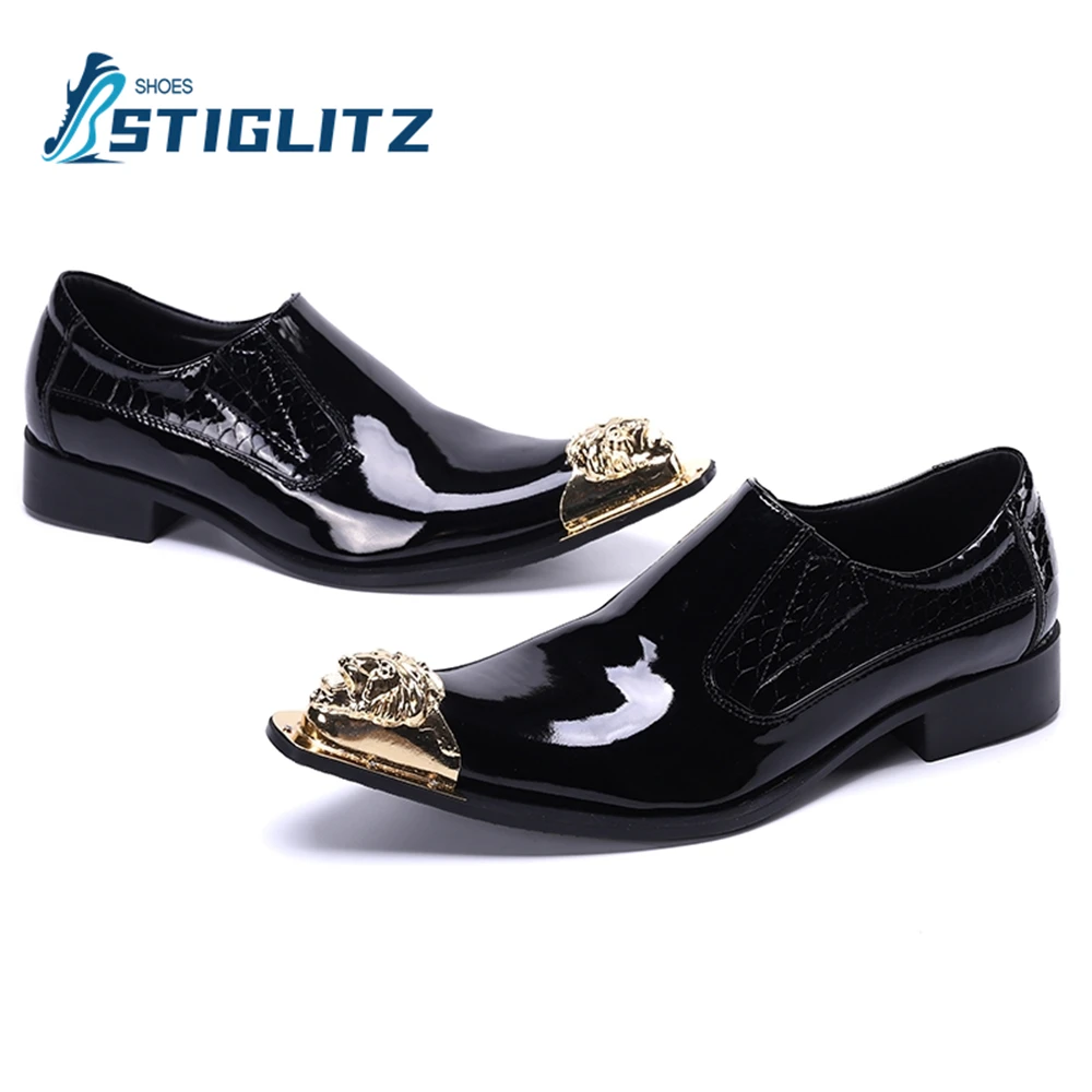 Point Metal Toe Patent Leather Chelseas Square Heel Slip On Mules Men's High Quality Casual Shoes Genuine Leather Formal Shoes
