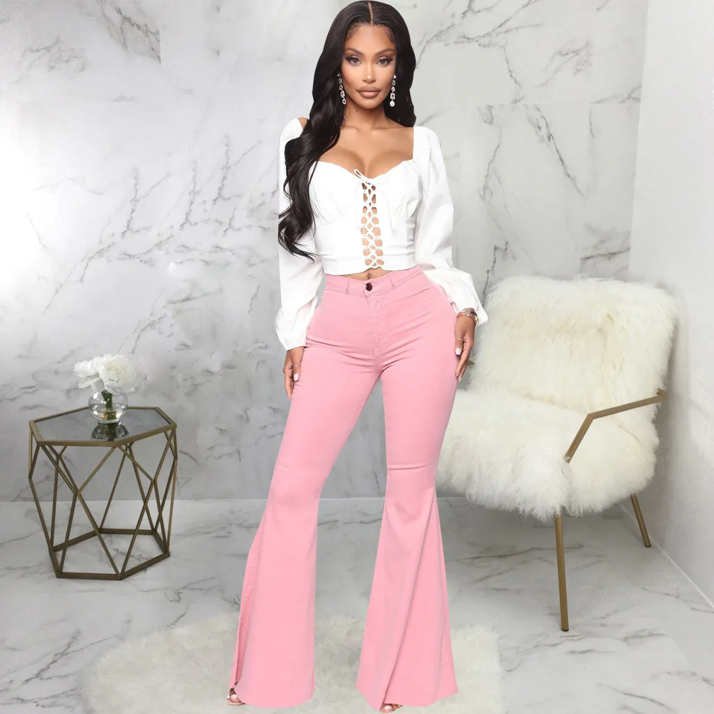 leather pants Tilorraine 2022 European and American fashion high waist versatile slim elastic denim flared pants  jeans woman  wide leg jeans cargo pants