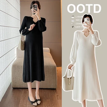 2026 Autumn Winter Fashion Knitted Maternity Sweaters Dress Elegant Loose Straight Clothes for Pregnant Women Pregnancy