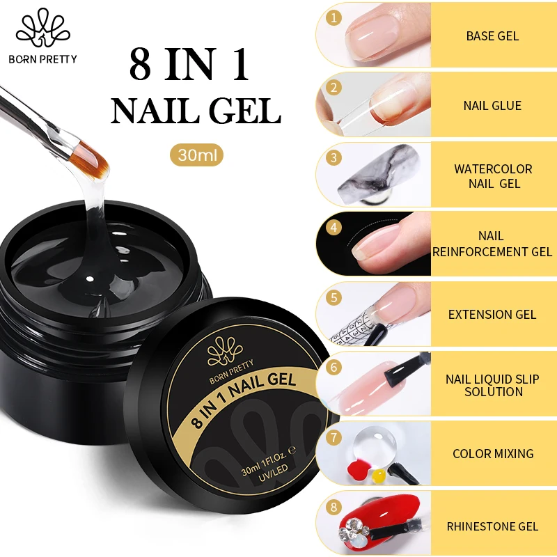 Born Pretty 30Ml Gel Per Colla Per Unghie 8 In 1 Gel Rinforza Gel Transfer Strass Gel Blooming Acrilico Gelextend Nail Hard Jelly