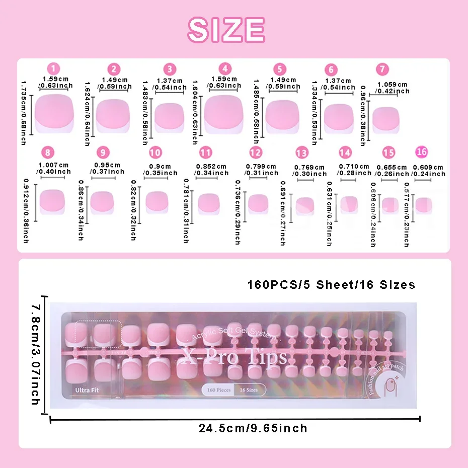 160pcs Fake Toe Nail Tips Pink French Short Square Full Cover Natural Artificial Acrylic Fake Press On Toenails For Nail Salons
