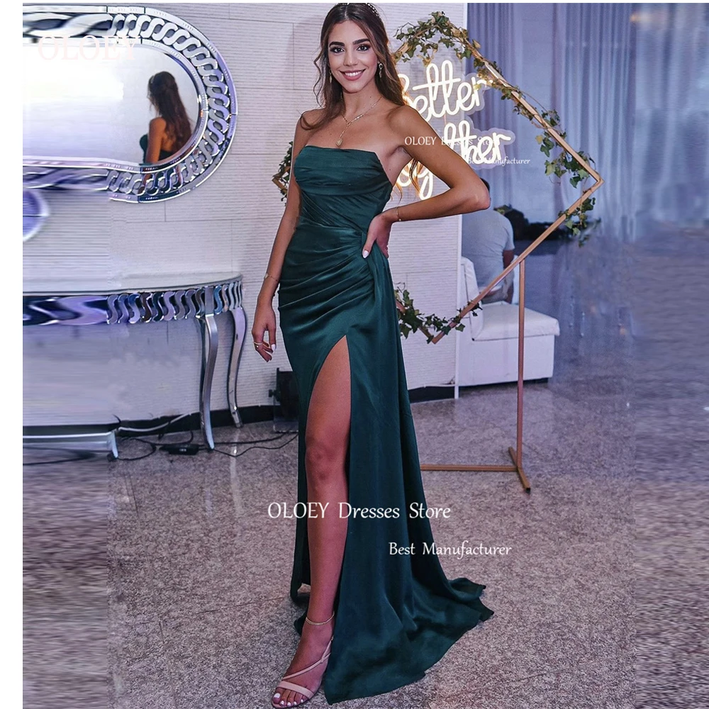 

OLOEY Sexy Strapless Green Long Prom Dresses Strapless Side Split Silk Arabic Lady Evening Gowns Formal Party Dress Vestidos