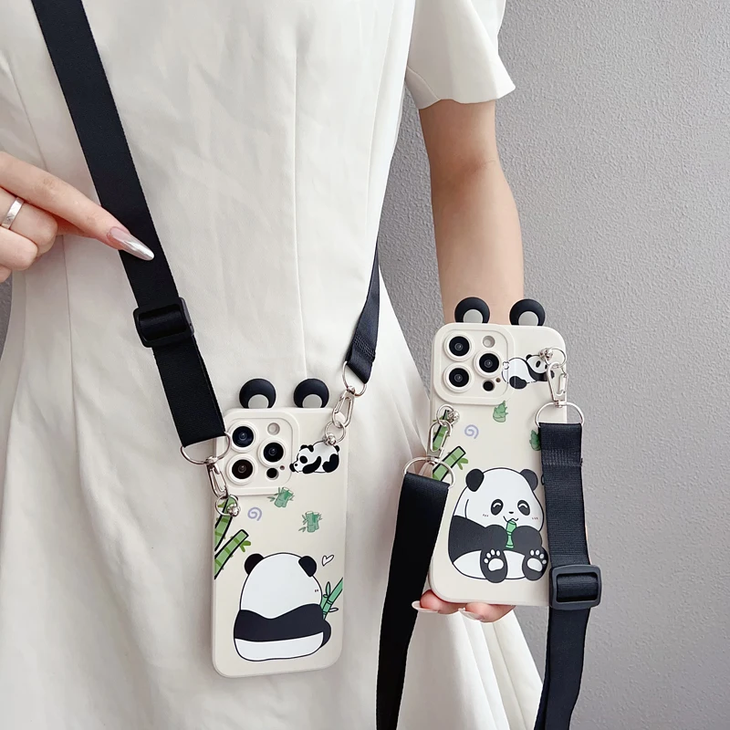 Universal Phone Case with Holder Rope and Ear Panda Design