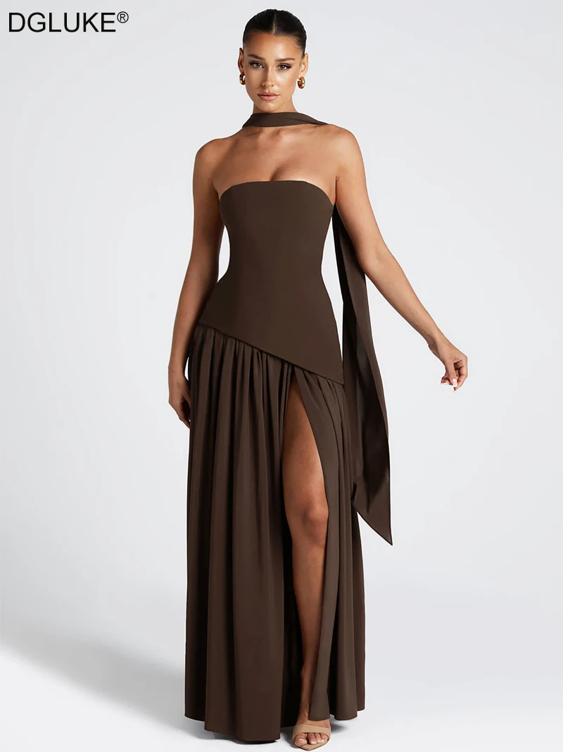 DGLUKE Strapless Bodice Fit And Flare Long Dress Women High Split Pleated  Maxi Dress Elegant Evening Party Dress With Scarf - AliExpress 200000345