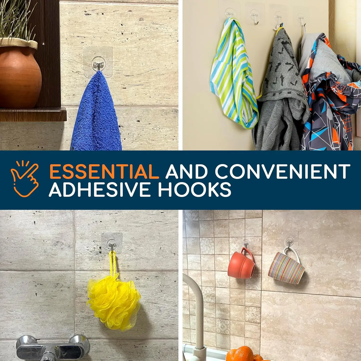Wall Hooks for Hanging Heavy Duty 22 lbs Hooks for Walls No Damage, Towel Sticky Clear Hooks, Waterproof