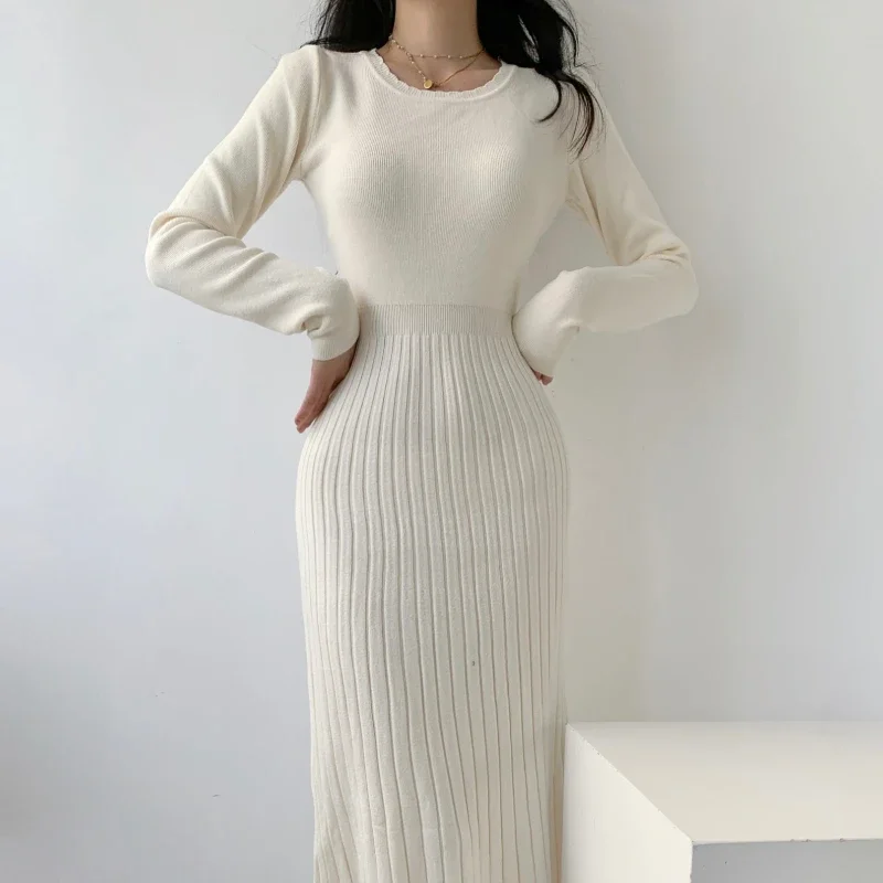 

Knitted Dress Women Autumn Winter New O-Neck Long Sleeved Slim Pullover Sweater Long Dress Evening Party