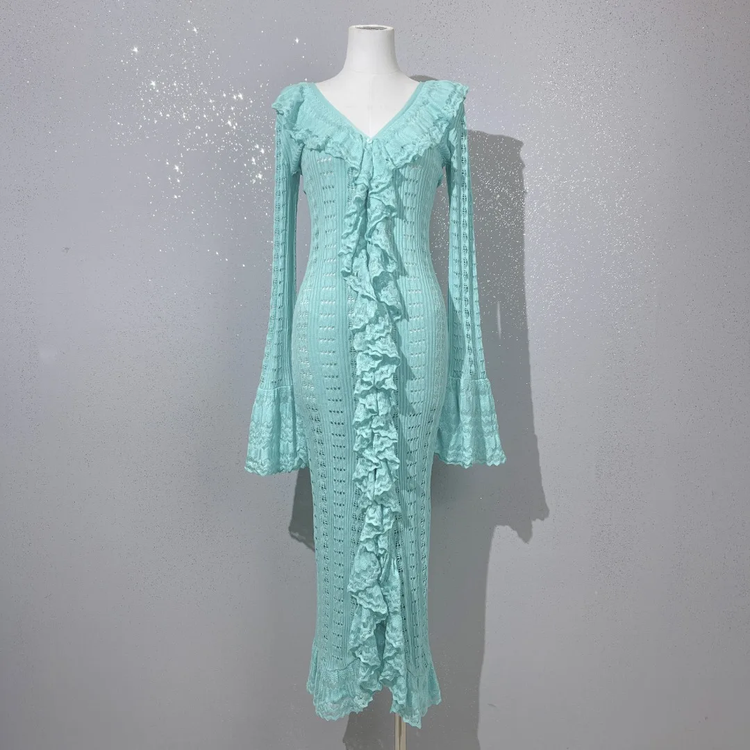 

Long knitted ruffled dress slim design casual fashion 2023 summer new hot 0308