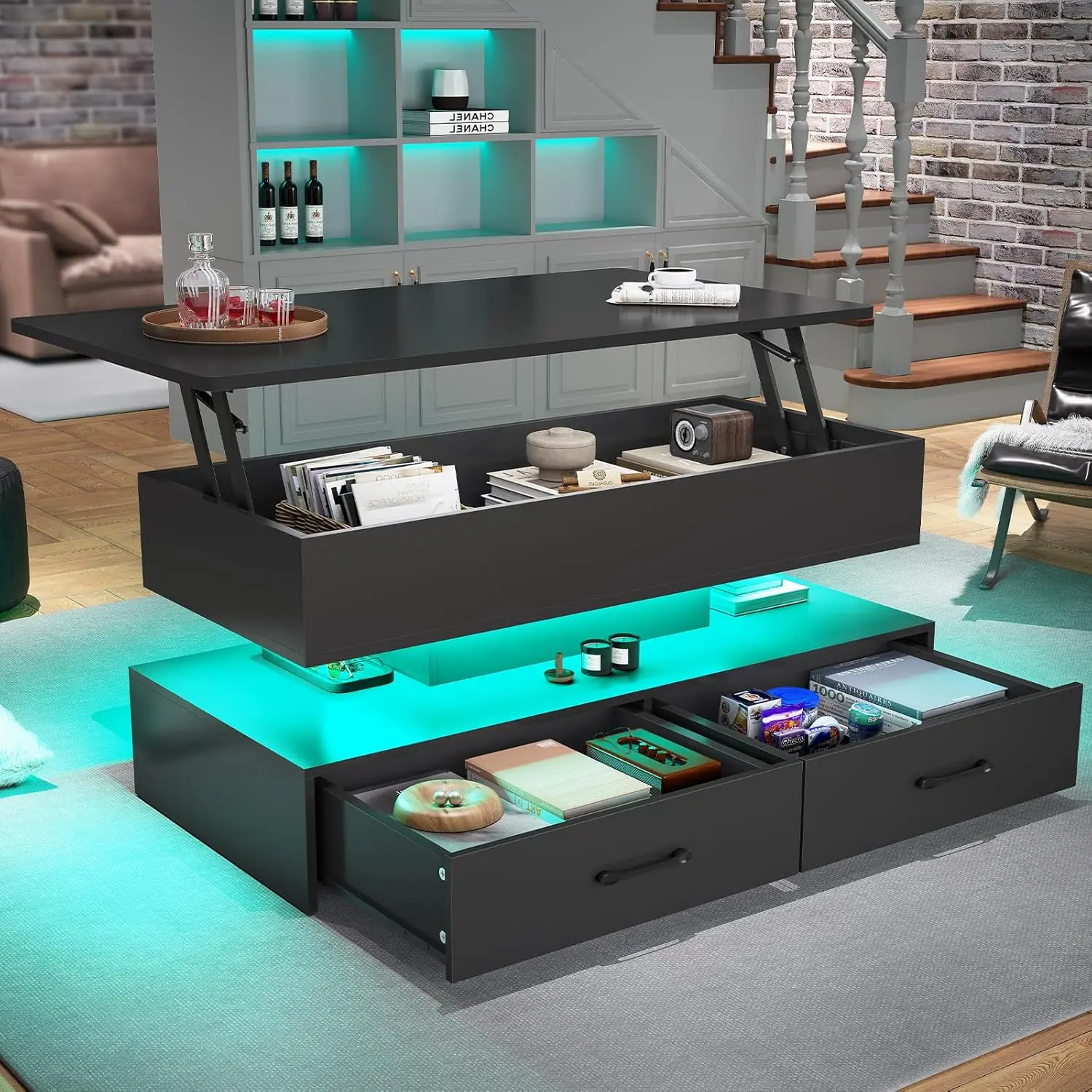 40" Lift Top Coffee Table, Coffee Tables with Storage for Living Room, Small Coffee Table with 2 Drawers & LED, Customized