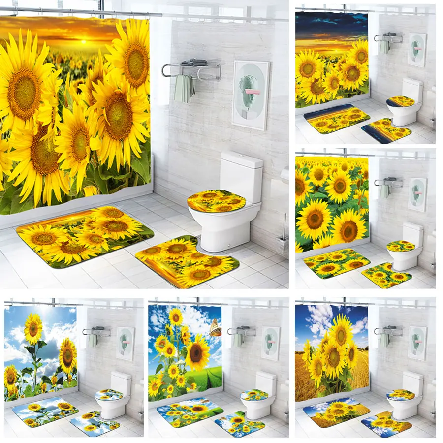 

Sunflower Bathroom Set with Shower Curtain and Rugs Waterproof 3D Flower Bath Curtains Toilet Cover Non-Slip Mat Home Decor