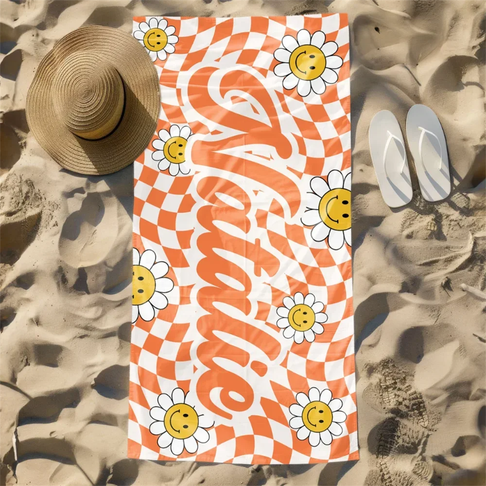 Personalized Daisy Grid Name Beach Towel, Custom Monogram Pool Towel, Signature Beach Towel For Kids, Vacation Gift Picnic Towel