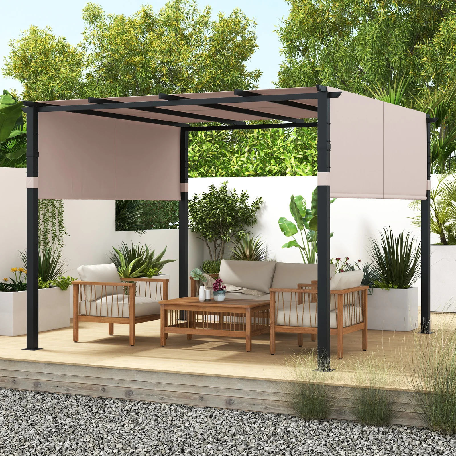 Pergola mit 2 verstellbaren Dächern, 3,05x3,05m Pavillon wasserdicht stabil Winterfest, Gartenpavillon mit robusten Metallsäulen – Detail 2