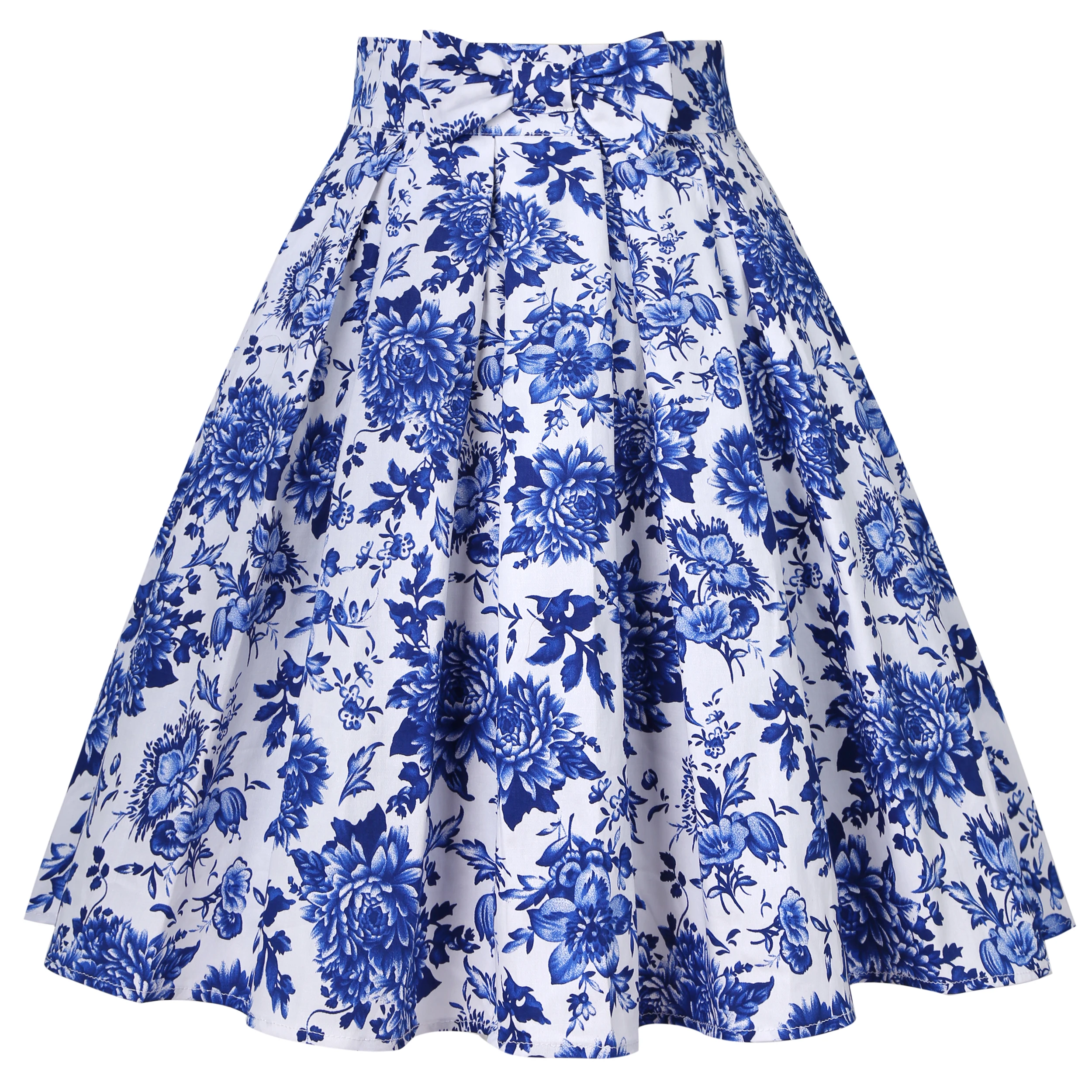 

Women Cotton Bow Vintage Floral Skirt Retro Faldas Jupe with Pockets Pleated Skater Midi Skirt China Print Summer Skirts SS0012