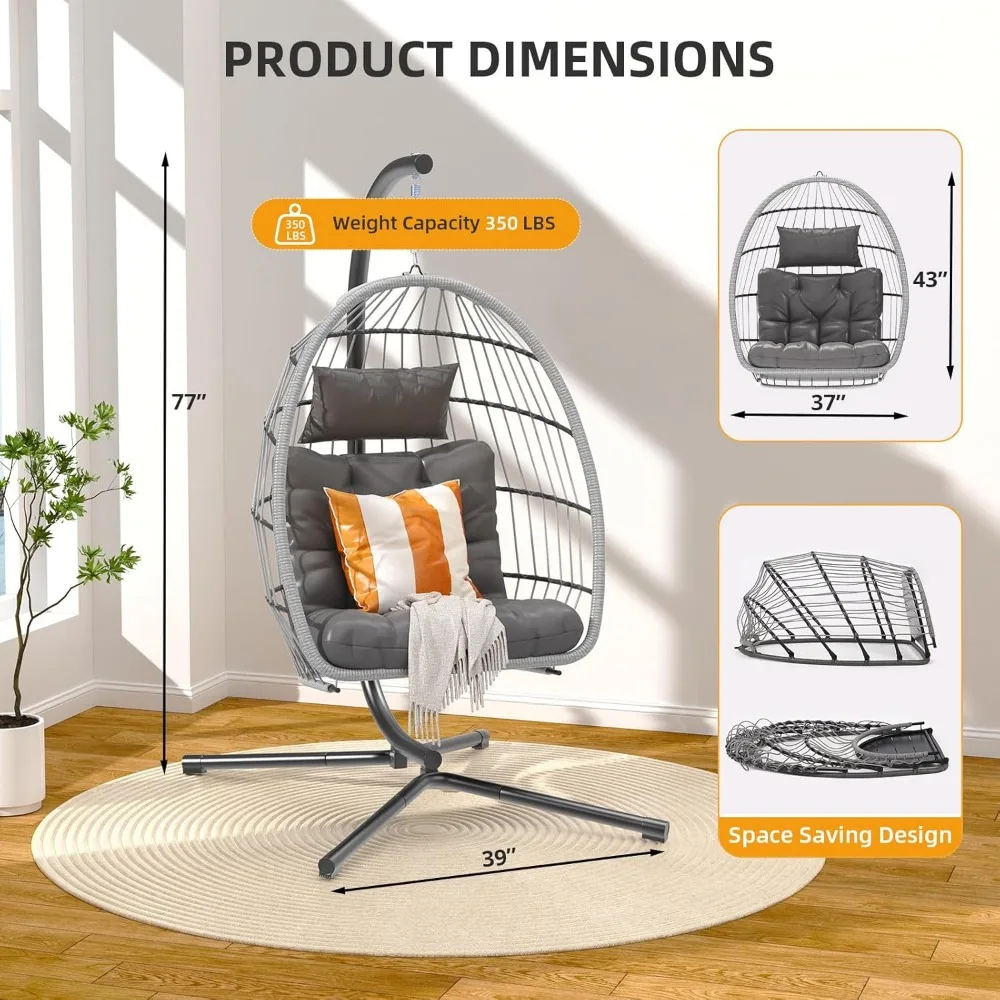 Hanging Egg Swing Chair with Stand, Patio Wicker Hammock Egg Swing with Cushion for Bedroom Garden Indoor Outdoor (Gray) 3