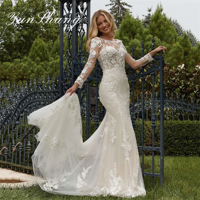 

Yunshang Elegant Mermaid Wedding Dress 2024 Lace O-Neck Long Sleeve Open Back Applique Bridal Gown Sweep Train Vestidos De Novia