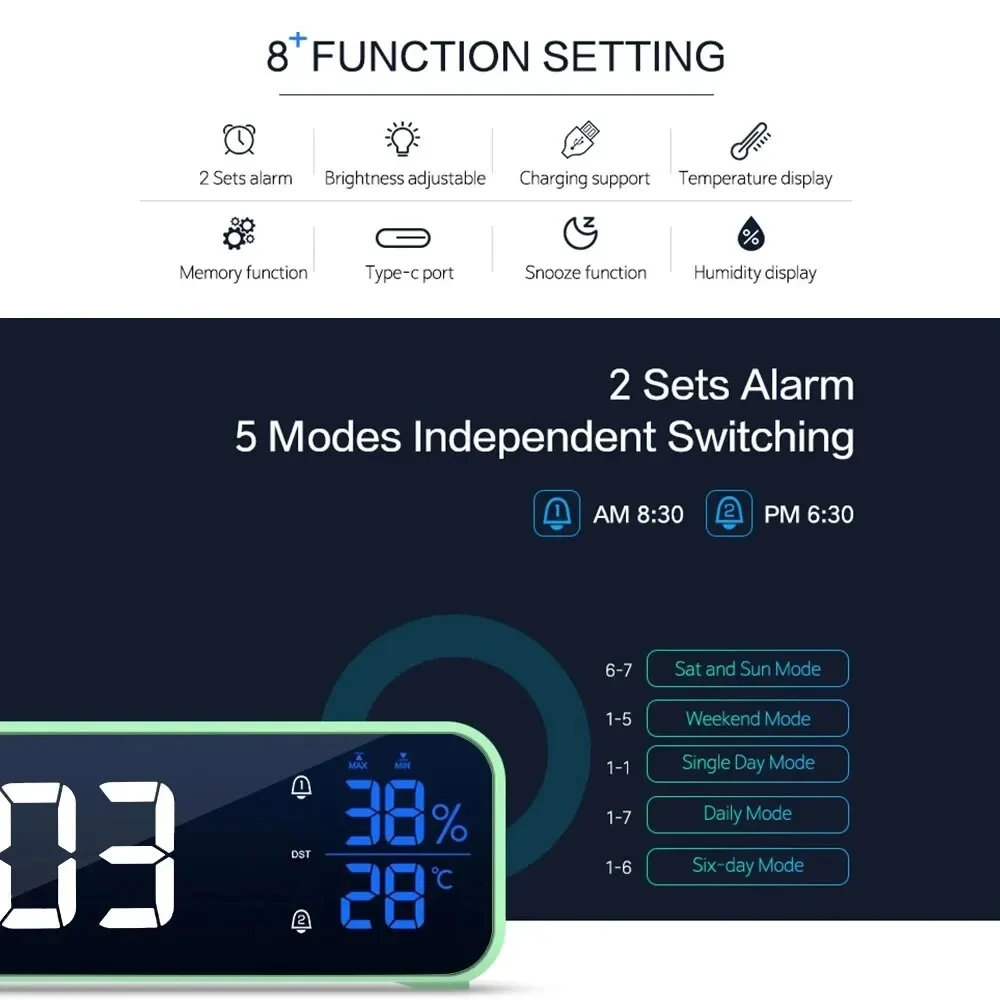 LED 디지털 음악 알람 시계, 음성 제어, 온도 및 습도 디스플레이, 탁상용 시계, 가정용 테이블 장식, 1200mAh 내장