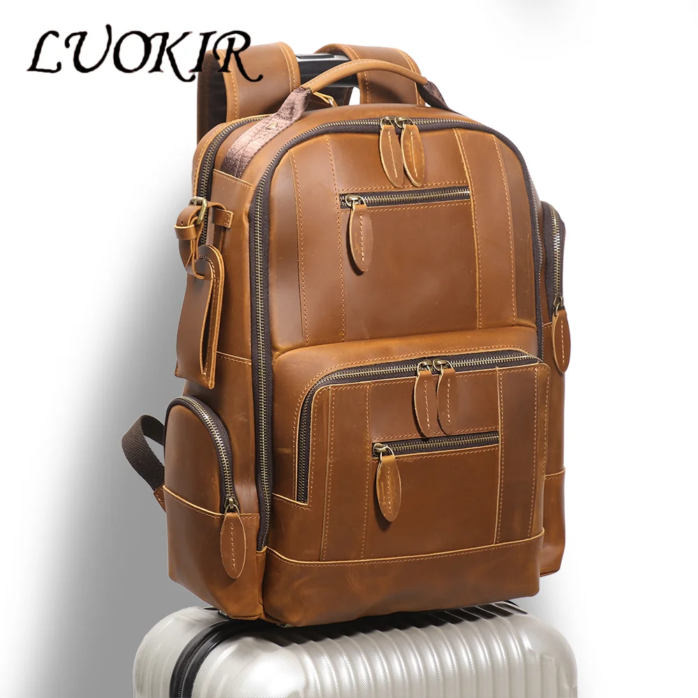 LUOKIR New Genuine Leather Large Capacity Multifunctional Crazy Horse Leather Backpack Travel Business Laptop Bag 1