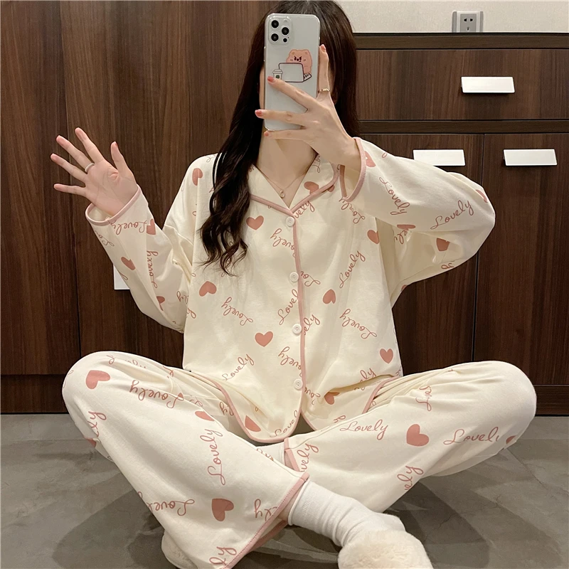 

Spring Autumn Pajamas Set for Women Thin Cotton Fashion Print Women Long Sleepwear Suit Home Clothes Women Female Sleepwear