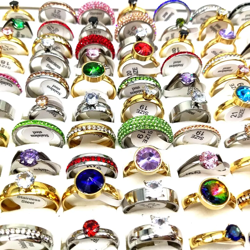 50pcs/lot Luxury Exquisite Multi-Colored Zircon Mix Stainless Steel Ring Men Women Wedding Ring Wholesale Bulk Jewelry Lot 2