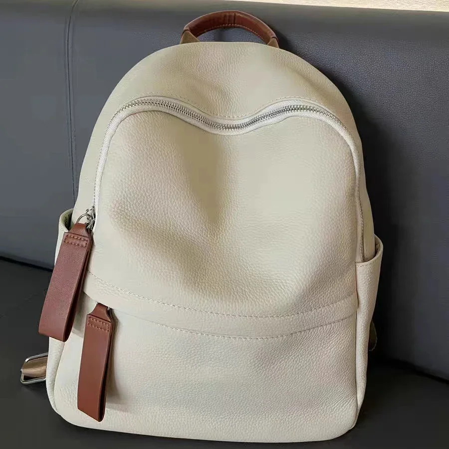 Leisure First Layer Cowhide Leather Women's Backpack White Big