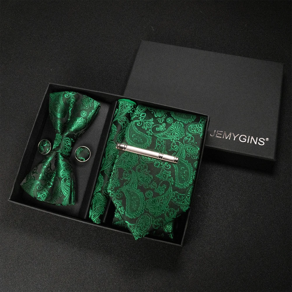 JEMYGINS Luxus-Geschenkbox, klassische Paisley-Krawatte aus grünem Seidenstoff, Einstecktuch, Manschettenknöpfe, Set für Geschäft, Party, Hochzeit, Herren-Fliege – Detail 3