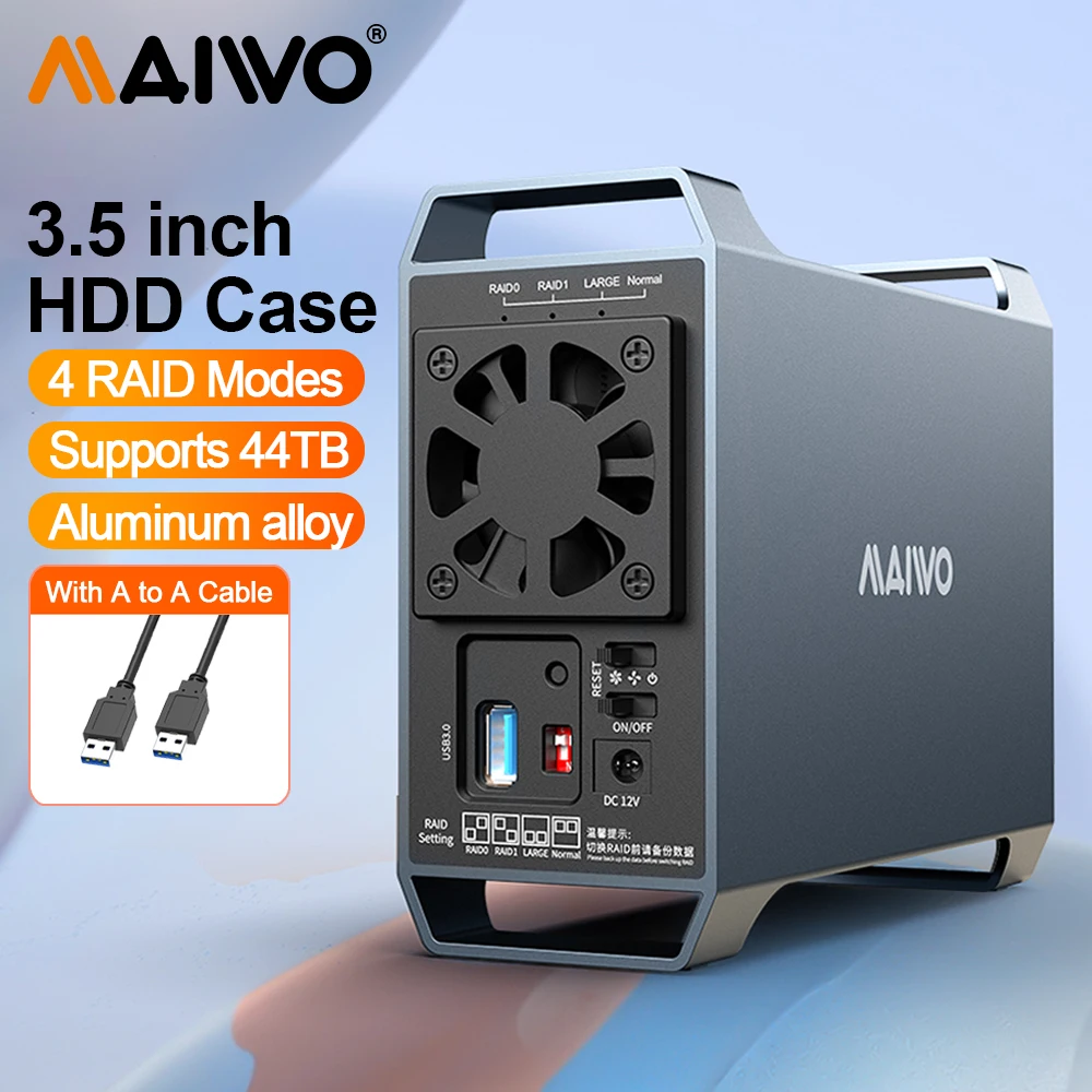 

MAIWO HDD Case Dual Bay 3.5-inch Array Hard Drive Box SATA To USB 3.0 Disk External Box, Four RAID Modes with Fan for pc case