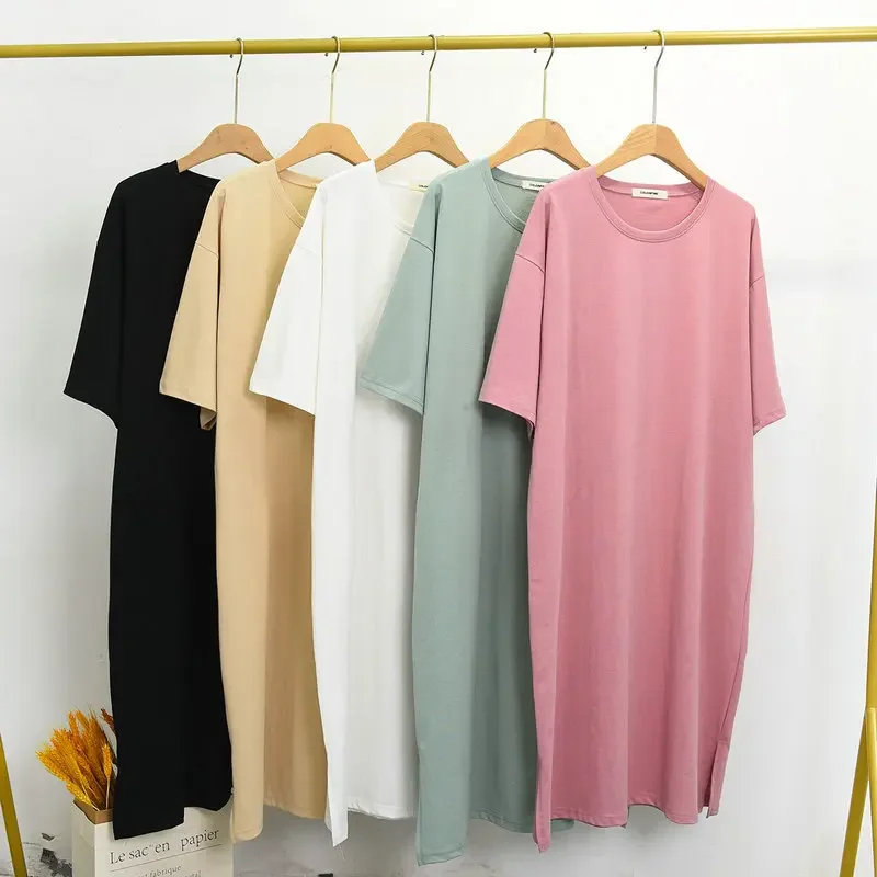 

Spring/Summer 2023 Newest Mid Length Side Split Short Sleeve Round Neck Underlay Tshirt Nightdress Solid Sleepwear Nightgown