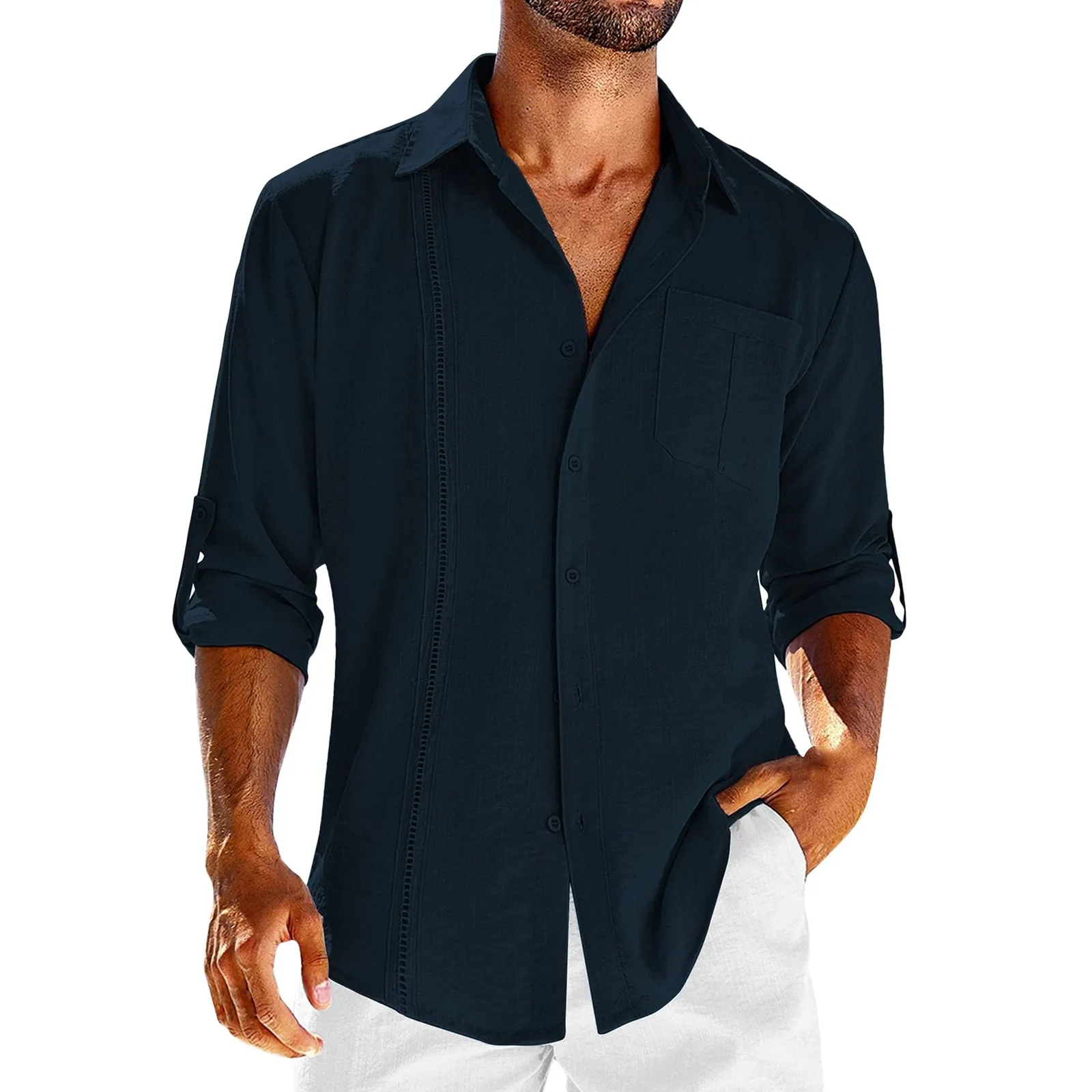 

Men's Casual Shirts 2023 Summer Autumn Cotton Linen Shirt Solid Color Slimming Pocket Buckle Lapel Long Sleeve Shirt Tops Male