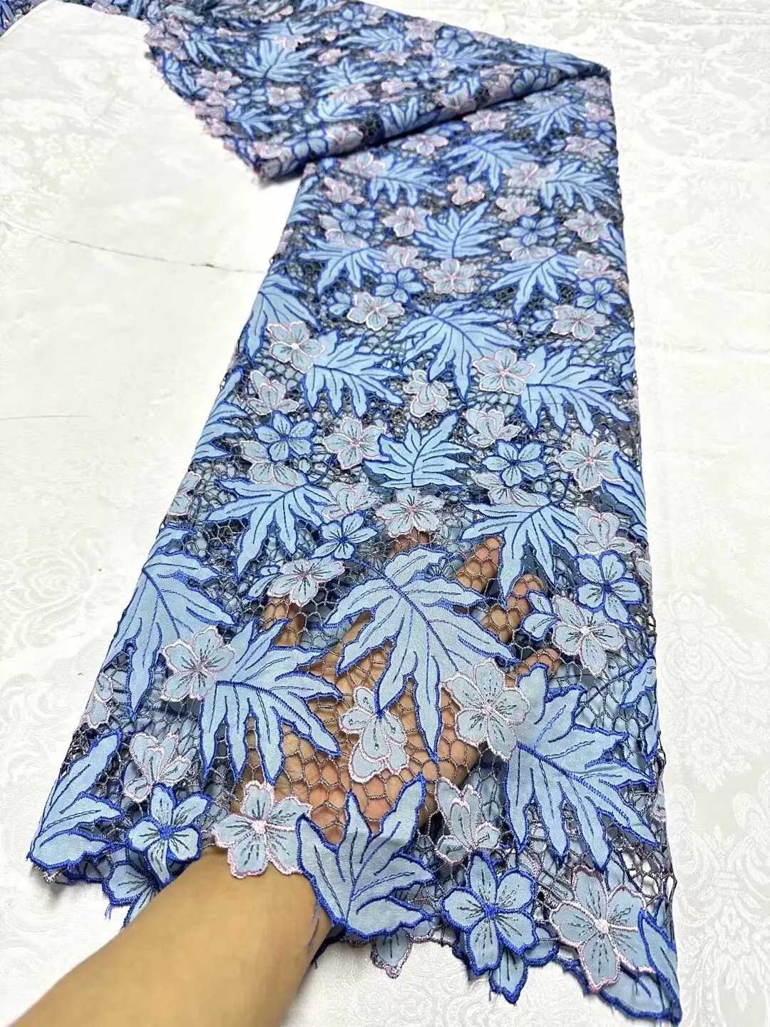 

2024 High quality new design Handcut holed African Wedding lace fabric with stones embroidery swiss voile lace for cloth JL366